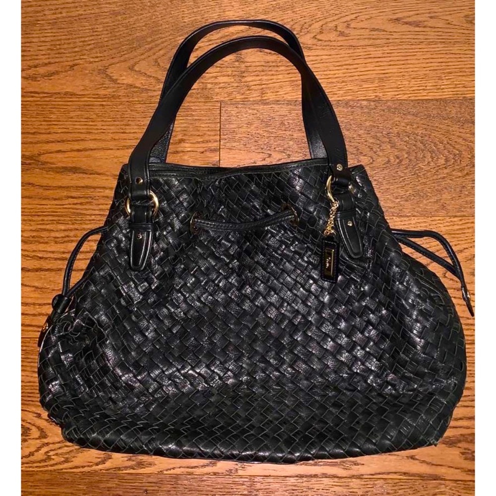 Cole Haan Black Leather Woven Tote Drawstring Hobo Bucket Shoulder Purse Bag